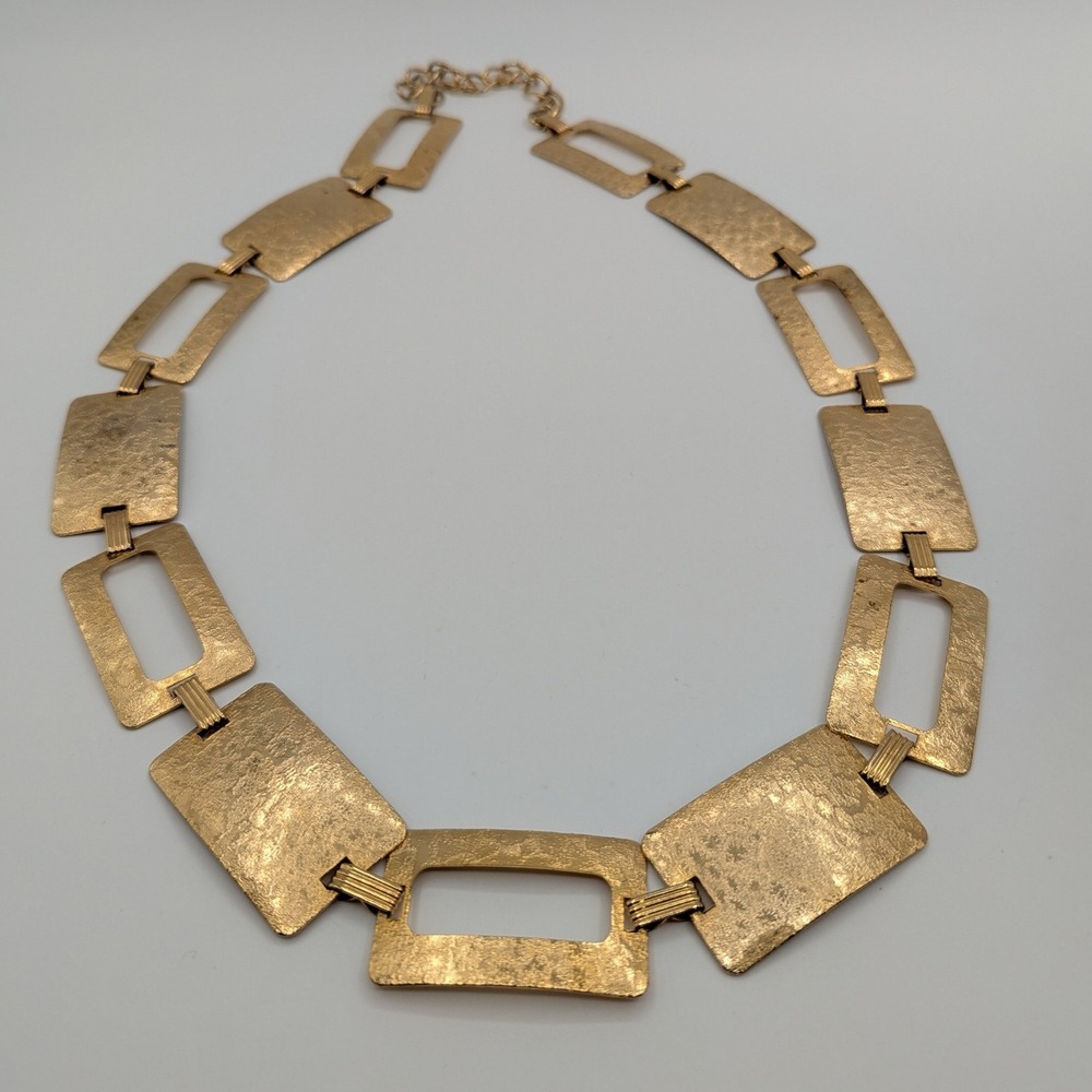 Gold Hammered Geometric Rectangle Statement‎ Collar Necklace Adjustable 36.5 In